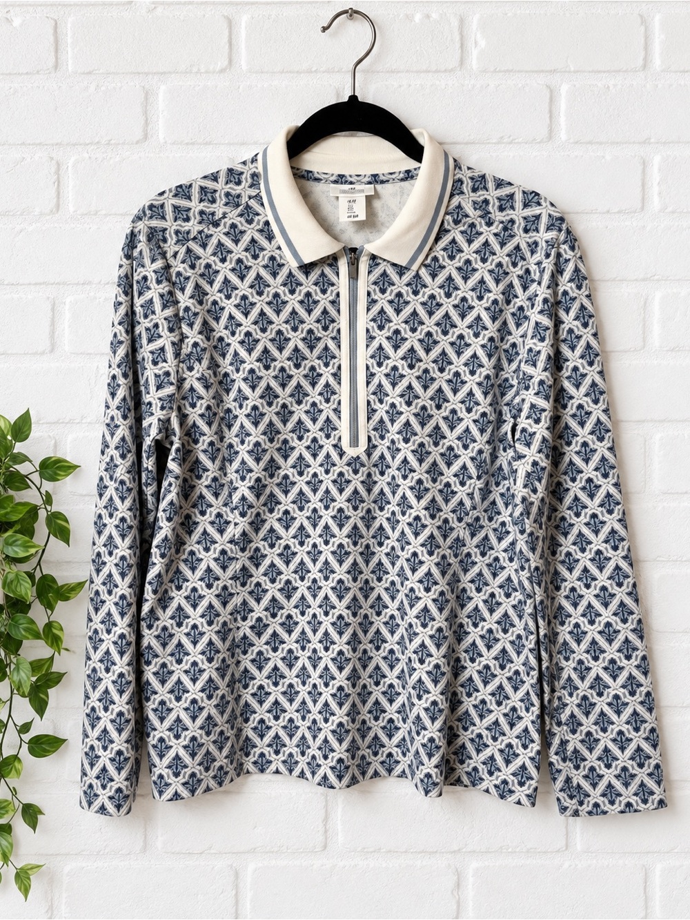 Sigrid Olsen Golf & Tennis L Preppy Quarter Zip Polo Top Blue White